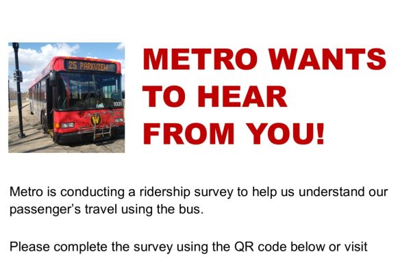 2024 Metro Ridership Survey Announcement with QR code and link to survey at: 2024 Metro Ridership Survey. Scan QR code or go to surveymonkey.com/r/MetroBusSurvey